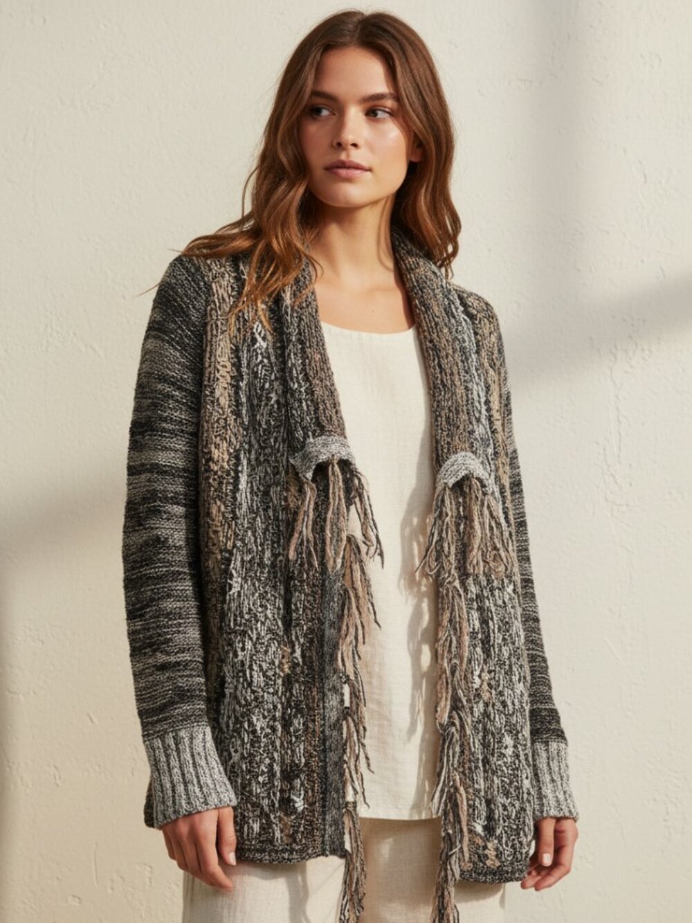 Gimmicks BKE S Cardigan Sweater Fringe Tribal Aztec‎ Draped Boho Festival Indie